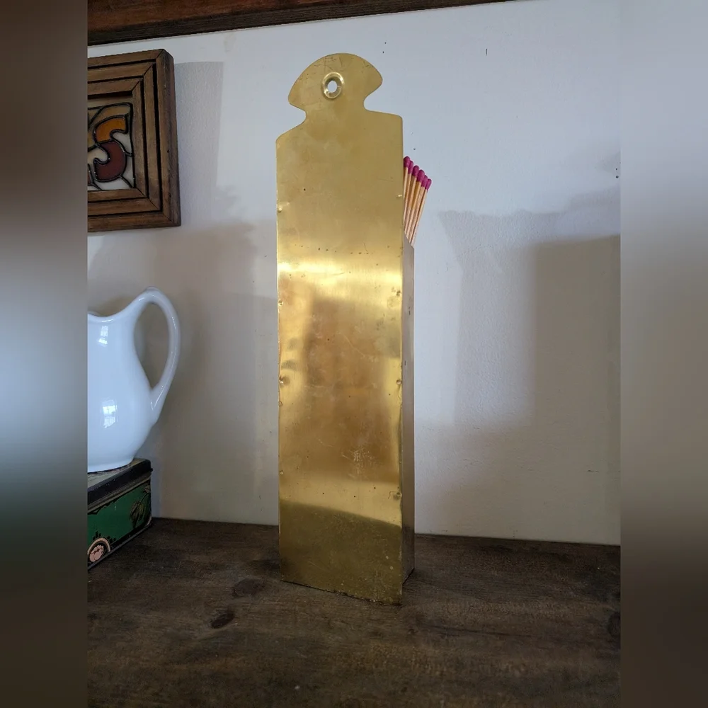 Vintage Large All Brass Gold Matchstick Holder Wall Hang By Fireplace Matches - Picture 4 of 7